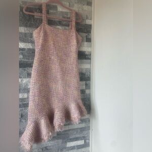 Women LIKELY Manon pink & yellow tweed dress-asymmetrical ruffled hem-Sz 2